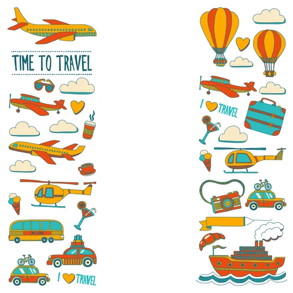 Vector doodle conjunto de viajes y transporte Avión de coche helicóptero ballon buque — Vector de stock