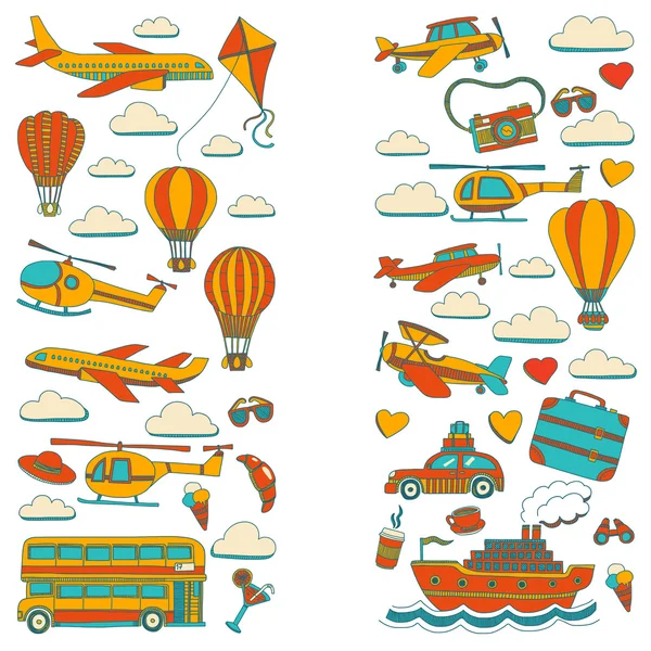 Reizen en vervoer auto vliegtuig helikopter ballon schip set vector doodle — Stockvector