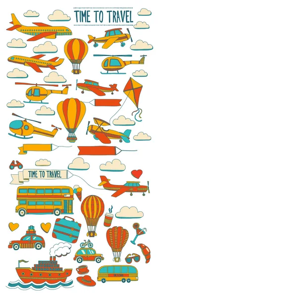 Vector doodle conjunto de viajes y transporte Avión de coche helicóptero ballon buque — Vector de stock