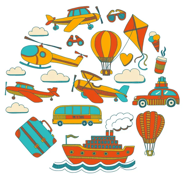 Wektor ładny zestaw podróży i transportu samochodów samolot helikopter ballon statku — Wektor stockowy