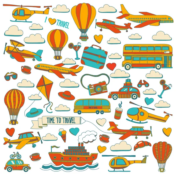 Araba Uçak Helikopter ballon gemi seyahat ve ulaşım vektör doodle kümesi
