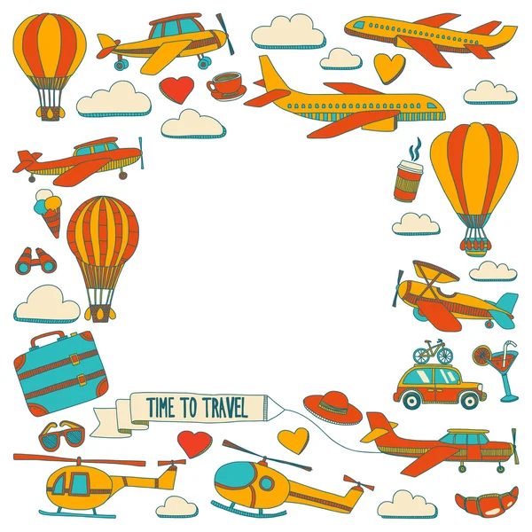 Araba Uçak Helikopter ballon gemi seyahat ve ulaşım vektör doodle kümesi