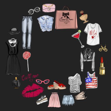 Vektör moda ve parfüm öğelerle dijital suluboya ayarla.