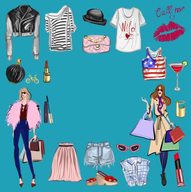 Vektör moda ve parfüm öğelerle dijital suluboya ayarla.