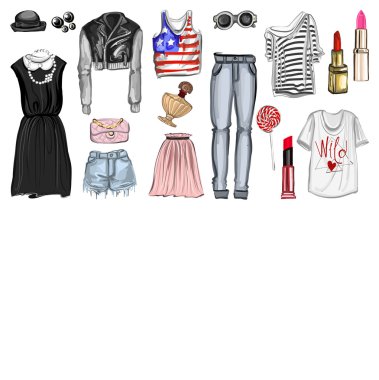 Vektör moda ve parfüm öğelerle dijital suluboya ayarla.