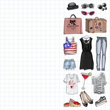 Vektör moda ve parfüm öğelerle dijital suluboya ayarla.