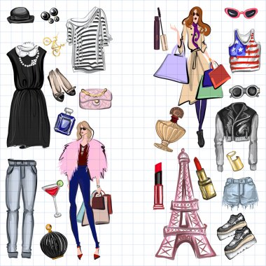 Vektör moda ve parfüm öğelerle dijital suluboya ayarla.