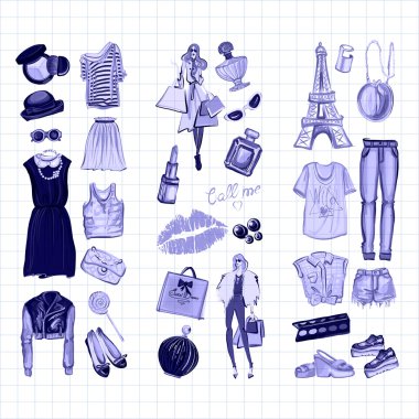 Vektör moda ve parfüm öğelerle dijital suluboya ayarla.