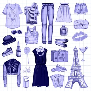 Vektör moda ve parfüm öğelerle dijital suluboya ayarla.