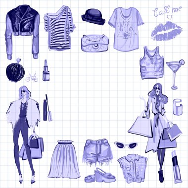 Vektör moda ve parfüm öğelerle dijital suluboya ayarla.