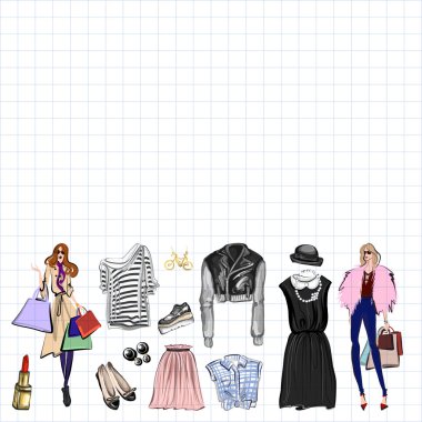 Vektör moda ve parfüm öğelerle dijital suluboya ayarla.