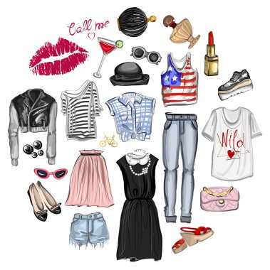 Vektör moda ve parfüm öğelerle dijital suluboya ayarla.