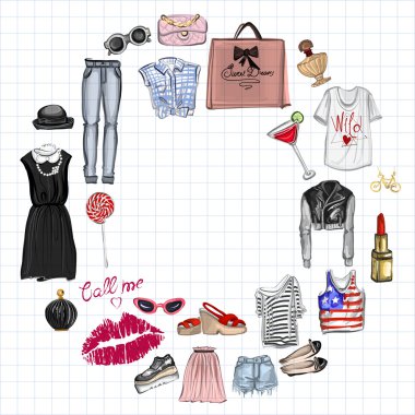 Vektör moda ve parfüm öğelerle dijital suluboya ayarla.