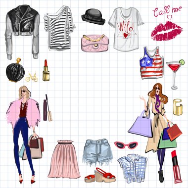 Vektör moda ve parfüm öğelerle dijital suluboya ayarla.