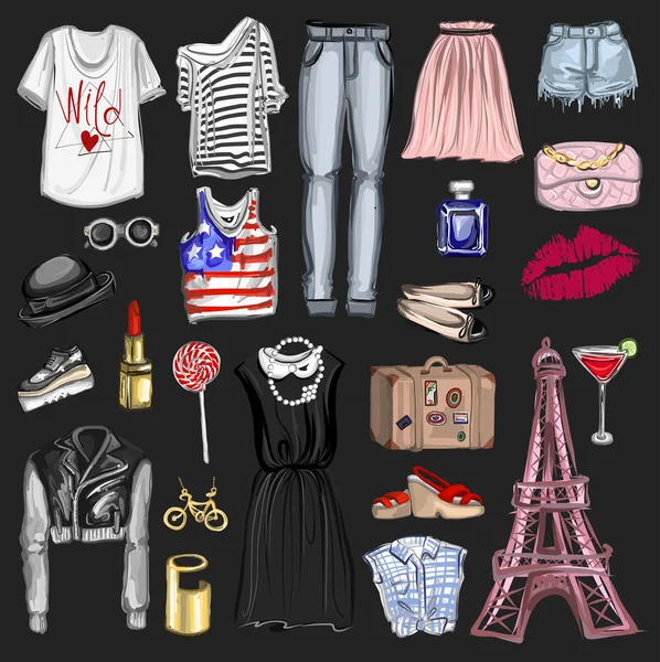 Vektör moda ve parfüm öğelerle dijital suluboya ayarla.