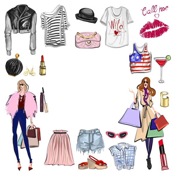 Vektör moda ve parfüm öğelerle dijital suluboya ayarla.