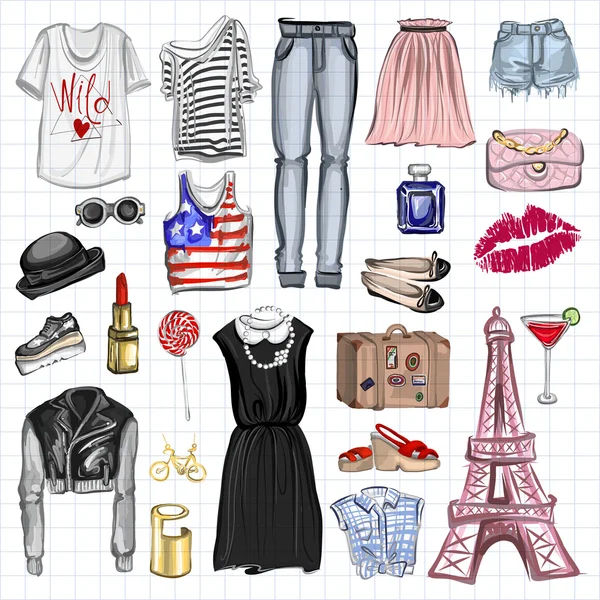 Vektör moda ve parfüm öğelerle dijital suluboya ayarla.