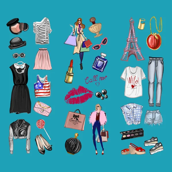 Vektör moda ve parfüm öğelerle dijital suluboya ayarla.