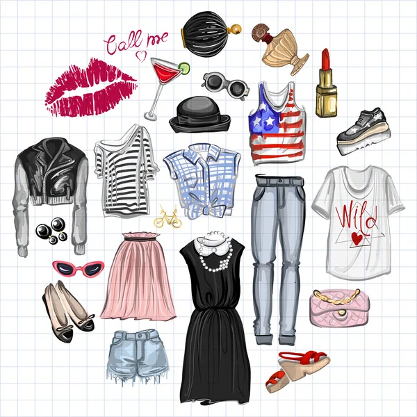 Vektör moda ve parfüm öğelerle dijital suluboya ayarla.