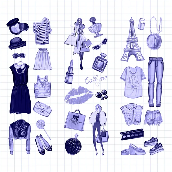 Vektör moda ve parfüm öğelerle dijital suluboya ayarla.