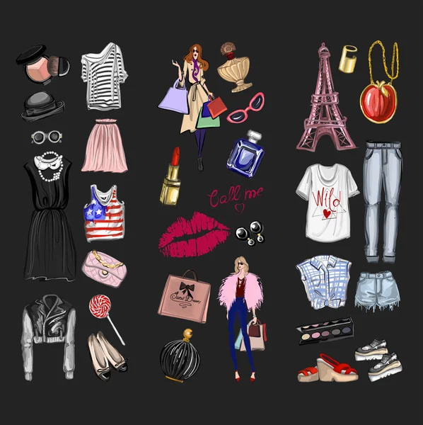 Vektör moda ve parfüm öğelerle dijital suluboya ayarla.