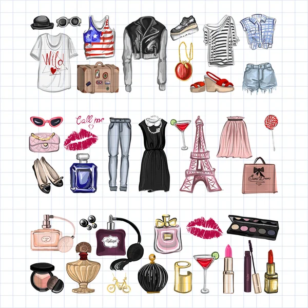 Vektör moda ve parfüm öğelerle dijital suluboya ayarla.