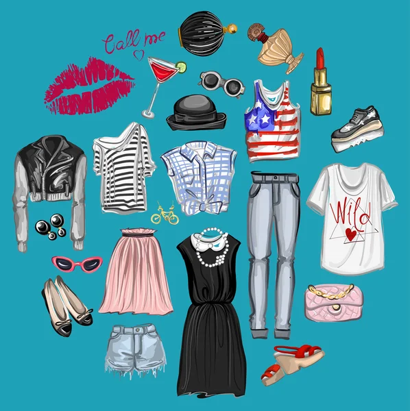 Vektör moda ve parfüm öğelerle dijital suluboya ayarla.