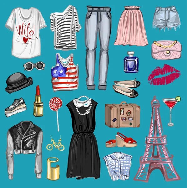 Vektör moda ve parfüm öğelerle dijital suluboya ayarla.