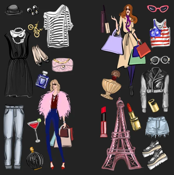 Vektör moda ve parfüm öğelerle dijital suluboya ayarla.