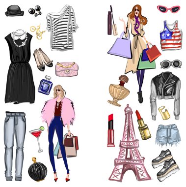 Vektör moda ve parfüm öğelerle dijital suluboya ayarla.