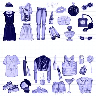 Vektör moda ve parfüm öğelerle dijital suluboya ayarla.