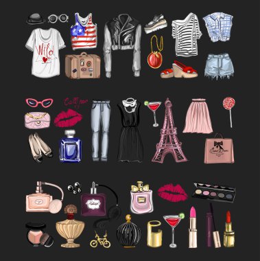 Vektör moda ve parfüm öğelerle dijital suluboya ayarla.