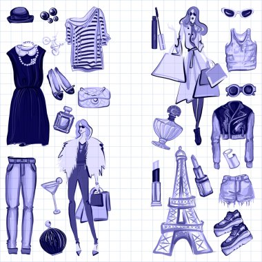 Vektör moda ve parfüm öğelerle dijital suluboya ayarla.