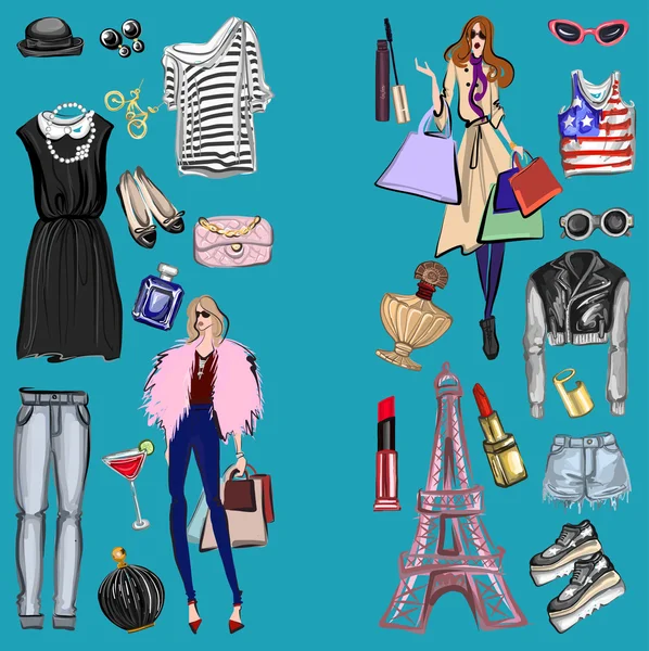 Vektör moda ve parfüm öğelerle dijital suluboya ayarla.