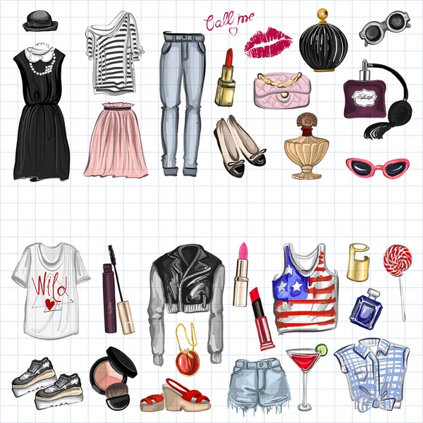 Vektör moda ve parfüm öğelerle dijital suluboya ayarla.