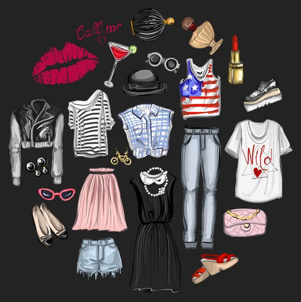 Vektör moda ve parfüm öğelerle dijital suluboya ayarla.