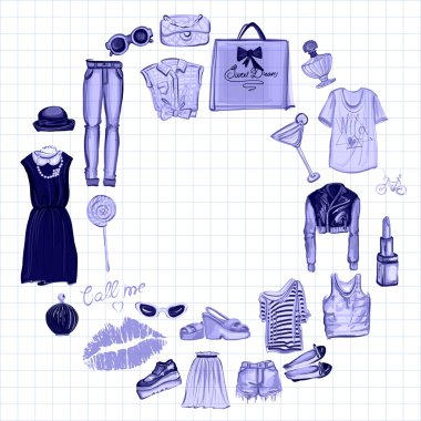 Vektör moda ve parfüm öğelerle dijital suluboya ayarla.