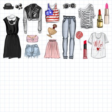 Vektör moda ve parfüm öğelerle dijital suluboya ayarla.