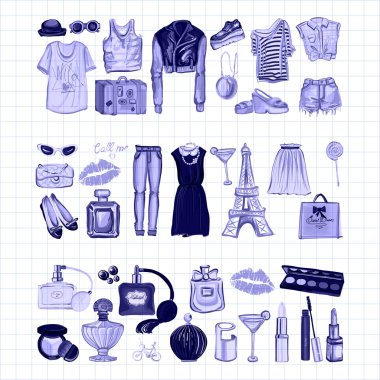 Vektör moda ve parfüm öğelerle dijital suluboya ayarla.