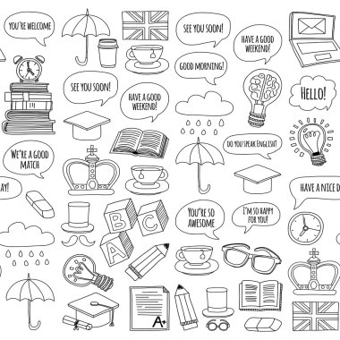 Vektör Doodle desen ve simgeler İngilizce kursları Dil Okulu ayarla.