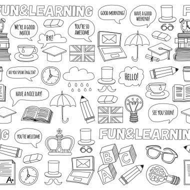 Vektör Doodle desen ve simgeler İngilizce kursları Dil Okulu ayarla.