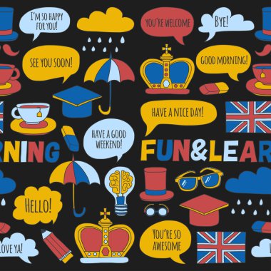 Vektör Doodle desen ve simgeler İngilizce kursları Dil Okulu ayarla.