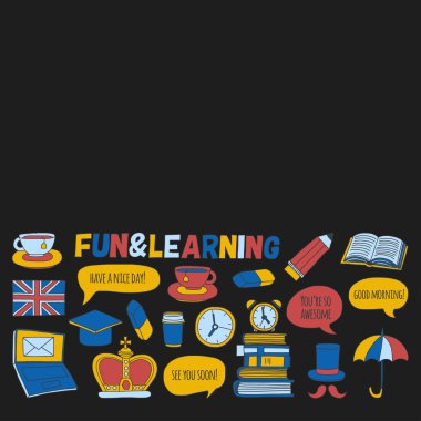 Vektör Doodle desen ve simgeler İngilizce kursları Dil Okulu ayarla.