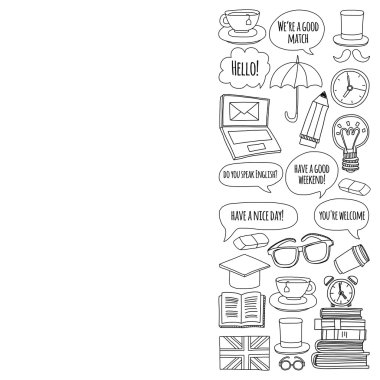 Vektör Doodle desen ve simgeler İngilizce kursları Dil Okulu ayarla.