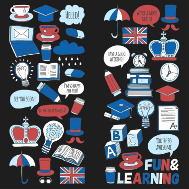 Vektör Doodle desen ve simgeler İngilizce kursları Dil Okulu ayarla.