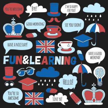 Vektör Doodle desen ve simgeler İngilizce kursları Dil Okulu ayarla.