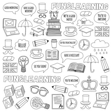 Vektör Doodle desen ve simgeler İngilizce kursları Dil Okulu ayarla.
