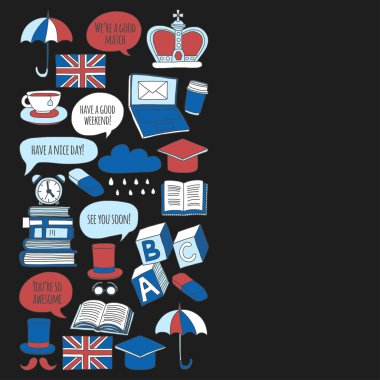 Vektör Doodle desen ve simgeler İngilizce kursları Dil Okulu ayarla.