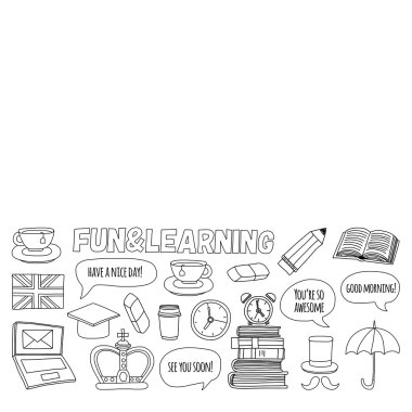 Vektör Doodle desen ve simgeler İngilizce kursları Dil Okulu ayarla.