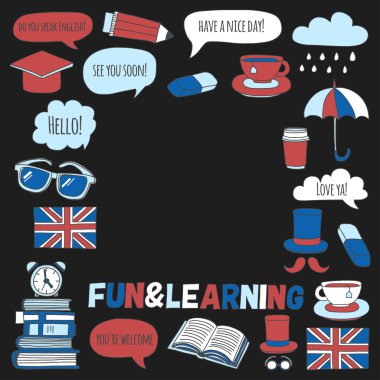 Vektör Doodle desen ve simgeler İngilizce kursları Dil Okulu ayarla.